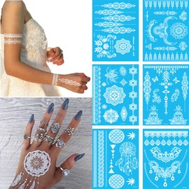 Yesallwas White Henna Flower Wedding Large Set of 6 White Small Floral Metal Star Wings Sea Flower Shiny Tattoo Sticker Body Seal for Arms, Legs, Body, Back Tatoo (D)