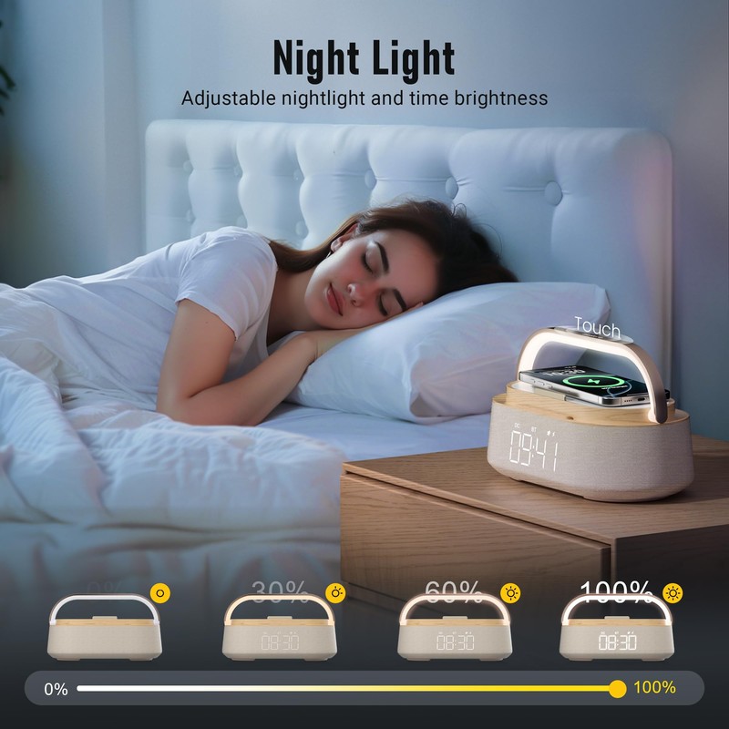Alarm Clock Bedroom with Wireless Charger Bluetooth Speaker FM Radio