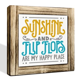 Summer Wood Signs, Farmhouse Wooden Box Desk Sign Decor, Summer Vacation Decors, Beach Decorations for Home, Beach House Decor, Sunshine and Flip Flops are My Happy Place Sign 5.9×5.9inches