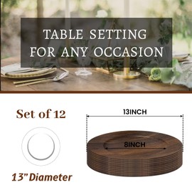 MAONAME Round Charger Plates Set of 12, 13 Inch Brown Charger for Dinner Plates, Farmhouse Faux Wood Plate Chargers, Rustic Table Chargers for Weddings, Party