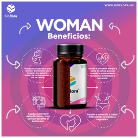 Probioticos Bioflora Woman 70 cápsulas, que contienen mezcla de 6 probioticos + Inulina orgánica de Agave como Prebiotico. En cápsula vegana ácido resistente. Más de 20 billones de UFC. 2 PACK