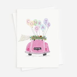 Wedding Card for Bride and Groom - Congrats, Wedding, Engagement, Celebration Card – Pink Car with Balloons Card includes Envelope
