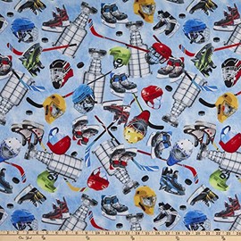 Kanvas Hat Trick Hockey Motifs Blue, Fabric by The Yard