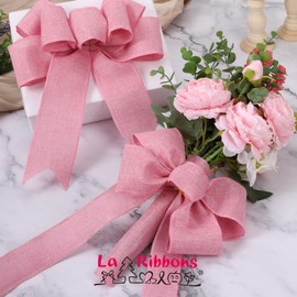 LaRibbons Pink Linen Wired Ribbon, 2.5 Inch x 12 Yard Continuous, Burlap Wired Ribbon for Spring Easter Wreaths, Bow Crafts, Gift, Christmas Tree Decoration, Home Decor