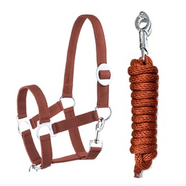 Halter Lead Rope Set with Snap Hook Adjustable Horse Halter Horse Wooden Horse Tie Rope (Panic Hook Light Brown, Shetty)