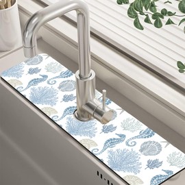 Marine Seashell Seahorse Coral Kitchen Sink Splash Guard Mat Absorbent Fast Drying Mat Faucet Draining Mat Sink Splash Guard Behind Faucet Drip Catcher for Kitchen Bathroom 5.5"×24"