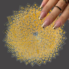 30 Sheets Gold Nail Stickers for Nail Art French Tip Line Nail Art Stickers 3D Self-Adhesive Gold Geometric Line Star Letter Nail Decal for Women Manicure Tips
