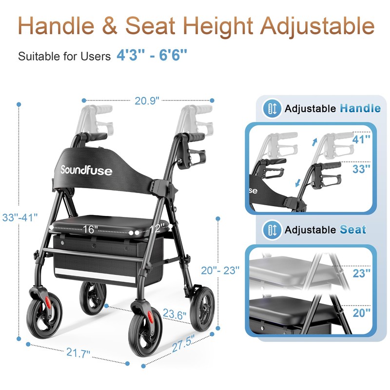 Soundfuse Rollator Walkers with Seat for Seniors, Foldable 8" Big