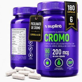 Picolinato de Cromo 200 mcg Con Fibra de Arroz y Semilla de Chía – Suplemento Vegano Sin Gluten Sin Colorantes 180 Cápsulas