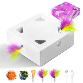 Migipaws Automatic MigiBox Cat Toys 3 n1 Interactive Pounce Mystery Under PopSkin 7 Holes Cardboard Kitten Toys for Indoor Rechargable 6 Accessories(Purple)