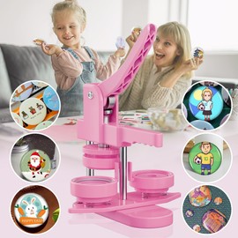 Button Maker Machine 58mm - (3 Gen) Installation-Free (2.25in) DIY Badge Button Maker Press Machine Badge Punch Press with 100pcs Button Parts Pictures (Pink, 2.25 inch / 58mm)