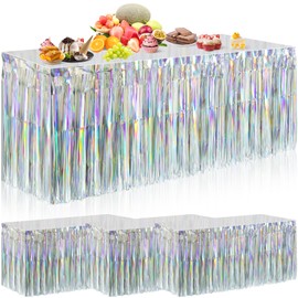 Dyrfolm 4 Pack Iridescent Table Skirt,Laser Metallic Foil Fringe Tinsel Table Skirts,Disposable Rainbow Table Skirt Banner for Rectangle Tables Birthday Wedding Graduation Party Decoration(29x108Inch)