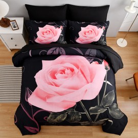 Blush Comforter Set Queen 7 Piece Bed in a Bag Blush Rose Flower Comforter with Sheet Set Soft Micorfiber Bedding Set (1 Comforter,2 Pillow Shams,1 Flat Sheet,1 Fitted Sheet,2 Pillowcases)