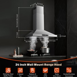 Zomagas 24 Inch Range Hood, Ducted/Ductless Range Hood 450CFM, Wall Mount Kitchen Hood in Stainless Steel, Gesture Sensing & Touch Control, 3 Speed Fan, 2 Pcs Baffle Filters