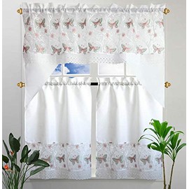B and H Home Julia Butterfly Pink Embroidered 3-Piece Kitchen Curtain Window Treatment Set (Julia Butterfly Pink),tow tier 30 inch x36 inch one swag 60 inch x36 inch