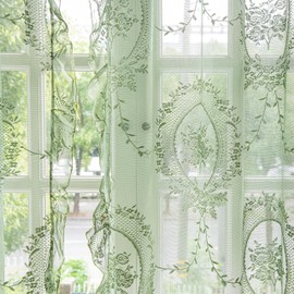 Lavyhuno Lace Curtains 63 Inches Length for Kitchen Nursery Room 2 Panels, Farmhouse Florals Embroidery Sheer Privacy Drapes for Christmas Decor Window Treatments Rod Pocket, W57 X L63 Olive Green