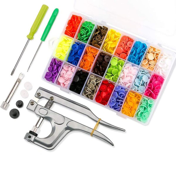 Snap Button Set, Queta 360 Kam Snaps with Snaps Pliers, Fasteners Snap Button Popper Studs Snap Sewing Tools (24 Colors, Plier for T3, T5, T8)