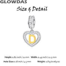 18K Gold-Plated Letter Charms Initials A to Z Necklace Pendant, 925 Sterling Silver CZ Heart Dangle Alphabet Beads Fit European DIY Bracelet, Gifts for Valentine's Day/Christmas/Family, Sterling