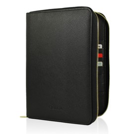 DELOA ® Examination Book, Travel Documents & Family Organiser - 3 in 1 Document Bag with Compartment for Vaccination Certificate and Passport in Saffiano Faux Leather, black