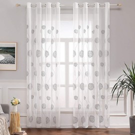 MIULEE Sheer voile floral embroidery curtains with eyelets, transparent curtain, 2 pieces, eyelet curtain, gauze, pair scarves, window curtain for living room, bedroom, set of 2