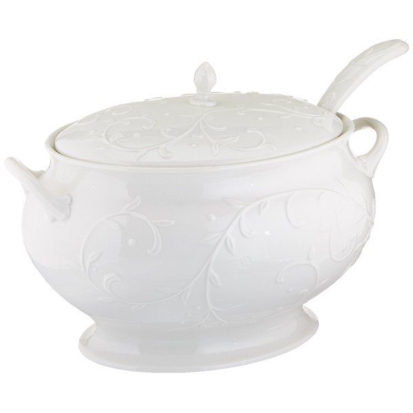 Lenox Opal Innocence Carved Covered Soup Tureen with Ladle, 10-1/4-Inch, White, 152 ounces