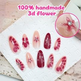 3D Flower Press on Nails Rhinestone Stick on Nails Petal Fake Nails Pink Glue on Nails Medium Almond False Nails Glossy Shiny Acrylic Nails Full Cover Artificial Nails Reusable Nails for Women Girl