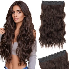 Silk-co One Piece Clip In Hair Extensions Curly 180g Hairpieces 5 Clips Wavy Curly Synthetic 3/4 Half Full Head for Laides and Women 24 Inch（60 cm） Dark Brown
