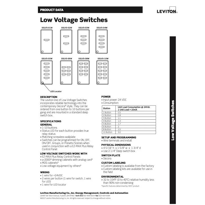 Leviton Low Voltage, Push Button, Light Switch, LVS-1W, 1 Button,