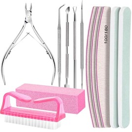 Kit de Manicura, 12Pzs Kit para Uñas, Incluir 5 Manicura de Acero Inoxidable+5 Limas De Uñas+1 Cepillo Limpiar+1 Bloque de Pulido, para Cuidado de Las