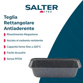 Salter BW07037EU7 Teglia antiaderente per pane e torta, rivestimento antiaderente Megastone, 27cm piatto a forma rettangolare, senza PFOA, forno fino a 220°C, per carne/verdura, Nero