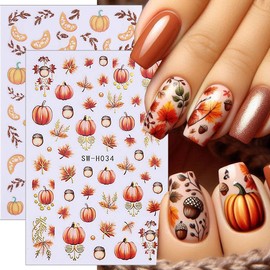 6 Sheets Fall Maple Leaf Nail Stickers 3D Self-Adhesive Thanksgiving Nail Art Stickers Pumpkin Leaves Sunflower Designs Nail Art Supplies Autumn Nail Decals for Women Girls Acrylic Nail Salon DIY