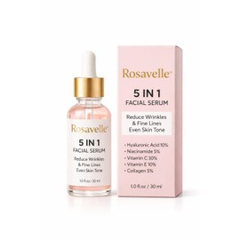 Rosavelle 5 in 1 Facial Serum for Glowing Skin | Hyaluronic Acid 10%, Vitamin C 30%, Niacinamide 5%, Vitamin E 10%, Collagen 5% | Anti Aging Serum for Wrinkles, Fine Lines & Even Skin Tone | 30ml