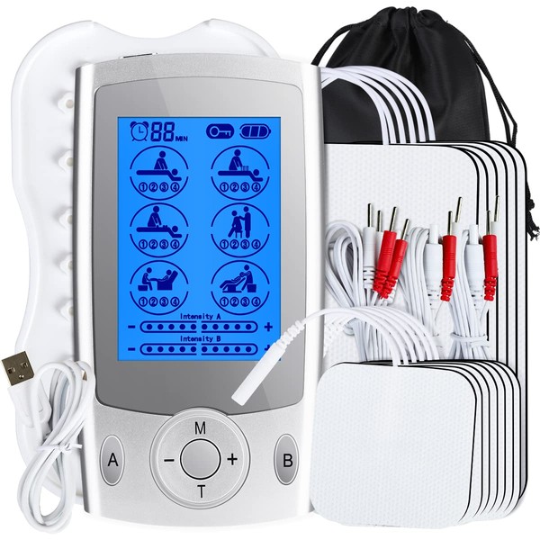 KEDSUM Dual Channel Rechargeable Tens Unit, 24 Modes Tens Unit Muscle Stimulator for Pain Relief Therapy, Electronic Pulse Massager Muscle Massager with 16 Pcs Electrode Pads
