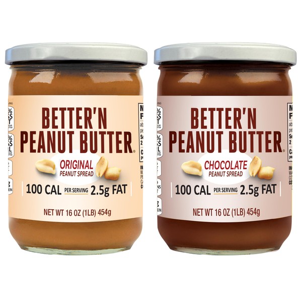 Pack of 2, Better'n Peanut Butter Variety Pack, Original and Chocolate Peanut Spread, Low Fat and Gluten Free, 16 Ounces, (1 of each flavor)