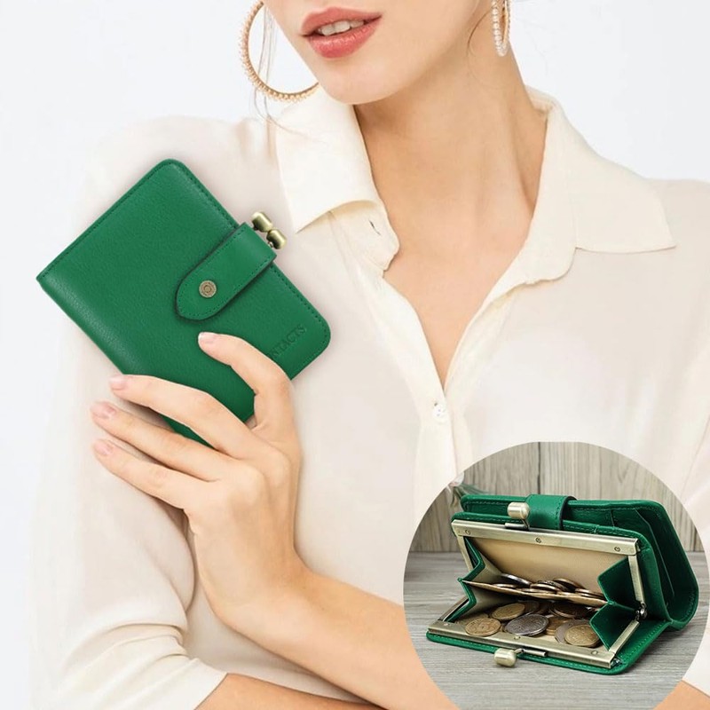 Full Grain Leather Kiss Lock Wallet for Women Contact's Small
