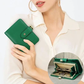 Full Grain Leather Kiss Lock Wallet for Women Contact's Small Coin Purse Ladies Bifold Card Holder with RFID Blocking (Green)