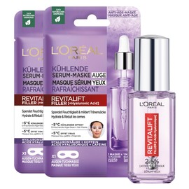 L'Oréal Paris - Rituel Anti-scratch Eye Care with Hyaluronic Acid & Caffeine - 1 x Serum with Roller, Triple Ball Bearings (20ml) & 2 x Fabric Masks - Revitalift Filler