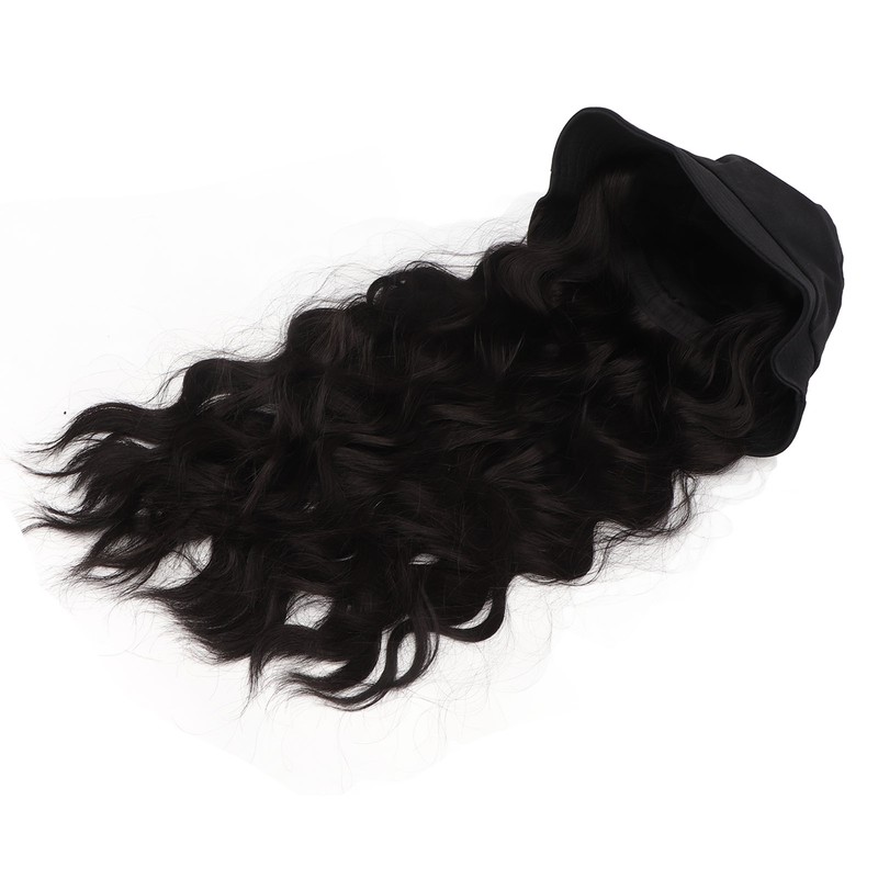 Hat Wig Women Detachable Middle Length Black Brown Curly Wavy
