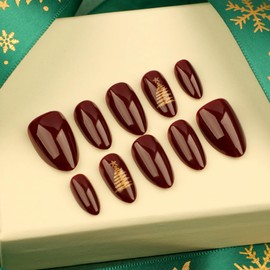 Red False Nails, Almond Christmas Press On Nails, 24Pcs Fake Nails Square Press on Nails with Gold Christmas Tree, Stick on Nails for Women