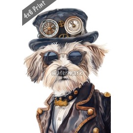 Dandie Dinmont Terrier in a steampunk outfit watercolor Art 4x6 Print