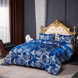 Herside Dark Blue Jacquard Duvet Cover Set Double Bedding Set 200x 200cm Quilt Cover Embossed Damask Design Bedding with 2 Classic Vintage Pillowcases Super Cosy Polyester
