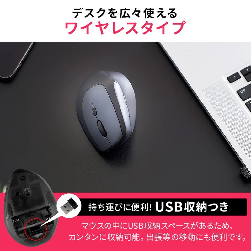 Iris Ohyama IM-R04-B Vertical Mouse, Wireless, Black, Silent, Wireless DPI