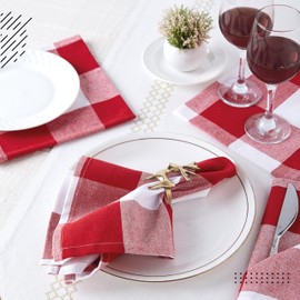 Encasa Cotton Cloth Napkins Set of 12 | Buffalo Red Checks | Size 17x17 in | Machine Washable
