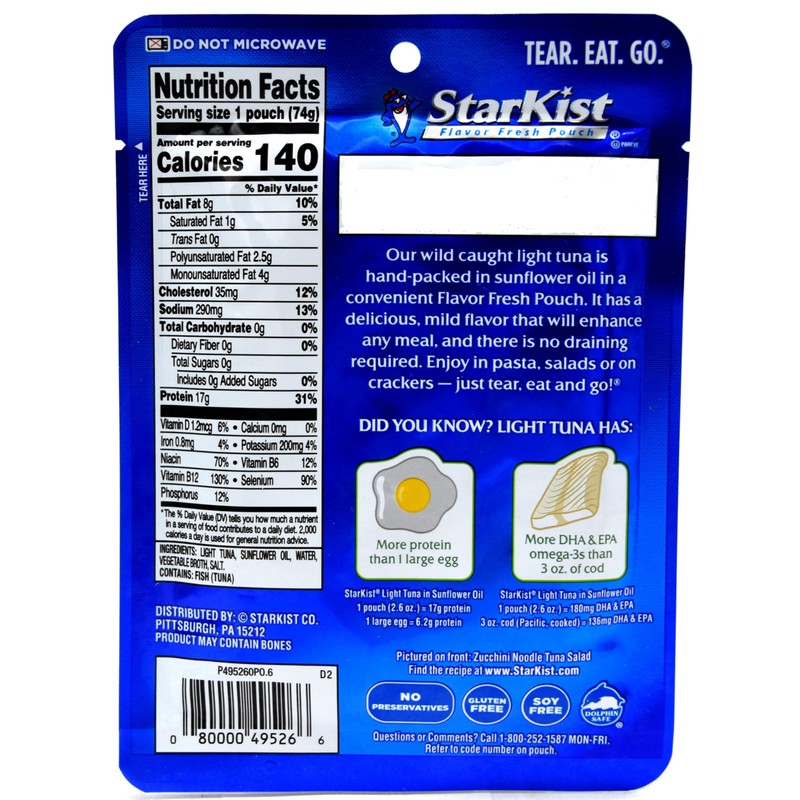 Starkist Chunk Light Tuna In Sunflower Oil, 2.6-Ounce Pouch (Pack