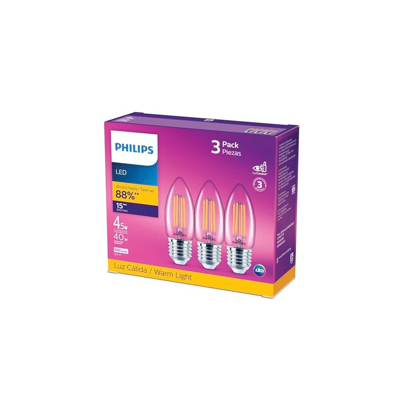 Philips LED Vela luz cálida 4.5W 40W base E27 3pack