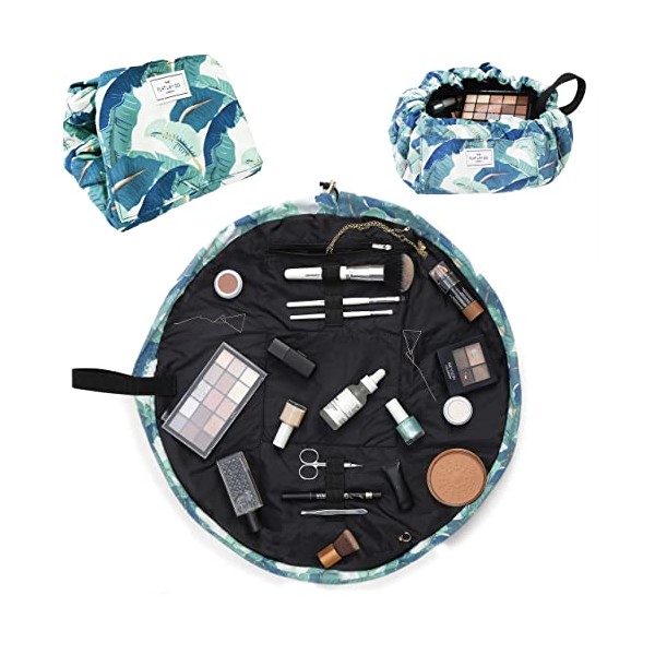 The Flat Lay Makeup Bag - Travel Make Up Organiser for Cosmetics, Eyeshadow, Make-Up Brushes, Lipstick & Tools - Drawstring Bag Storage for Skin Care & Toiletries with Brush Holder & Large Pockets