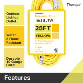 Thonapa 25 Ft 10 Gauge Extension Cord, Weatherproof Heavy Duty Outdoor Extension Cord 10 AWG 25', SJTW 3 Prong Lighted Plug 10/3 Yellow Cable 15 Amp, Great for Major Appliances & Garden Tools