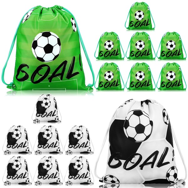 16 Pack Soccer Party Favors, Baseball Gum Basketball Softball Drawstring Team Gifts Bags Treat Candy Goodie Bags, Sports Themed Birthday Party Decorations Supplies, 12 x 10 Inch (Green, Black, Soccer)