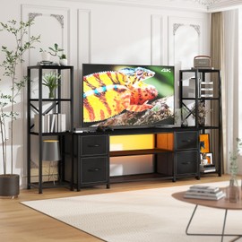 Yenlure LED TV Stand 60 Inch for Living Room with Charging Station, Farmhouse Entertainment Center with 2 Industrial Bookshelves, Modern Console Cabinet with Storage Drawers (Black)