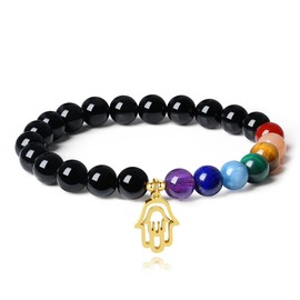 COAI Hamsa Hand Bracelet 7 Chakra Bracelet Black Tourmaline Bracelet for Women Men